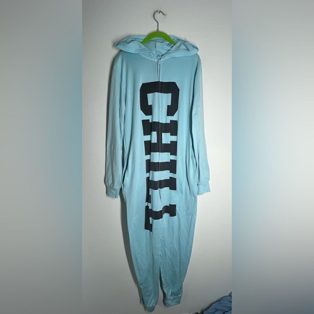 Tarea One Piece Pajamas CHILL Blue Black Knockout Hood Long Sleeve Womens Size M
